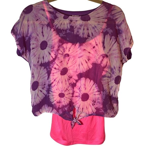 Lei shirt layered tank top under flowers tie at bottom polyester pink  XLREAD - Picture 1 of 10